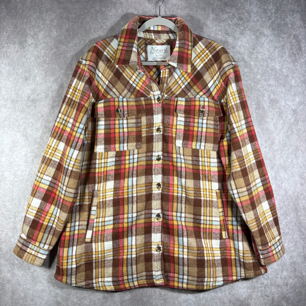 Natural Reflections Shacket Women XL Brown Plaid Button Front Wool Blend Flannel